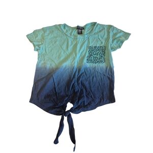 Girls Ombre Tie-Front Tee with Sequin Pocket - Aqua to Navy 10/12 Kids